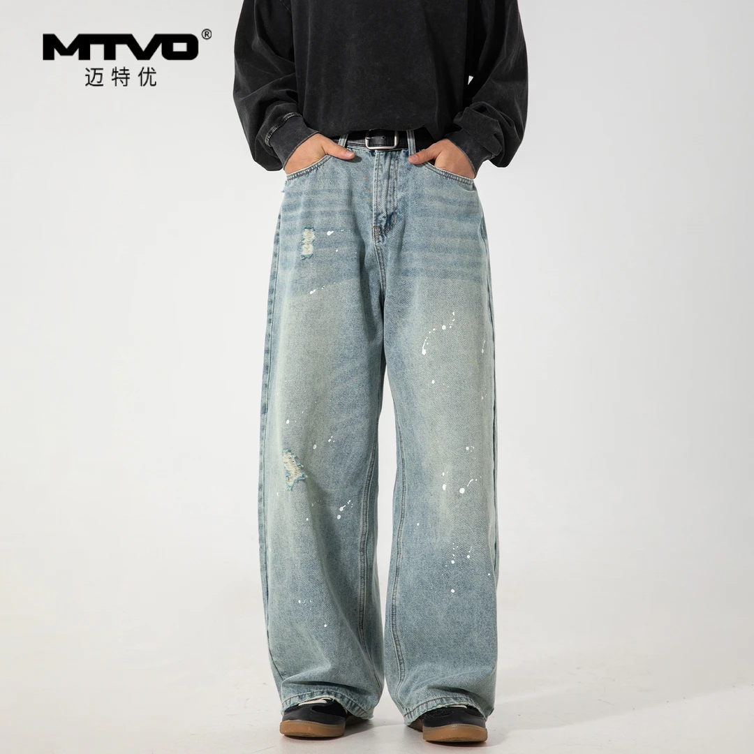 泼墨破洞直筒牛仔裤2025秋季男款美式潮牌高街时尚百搭休闲牛仔裤