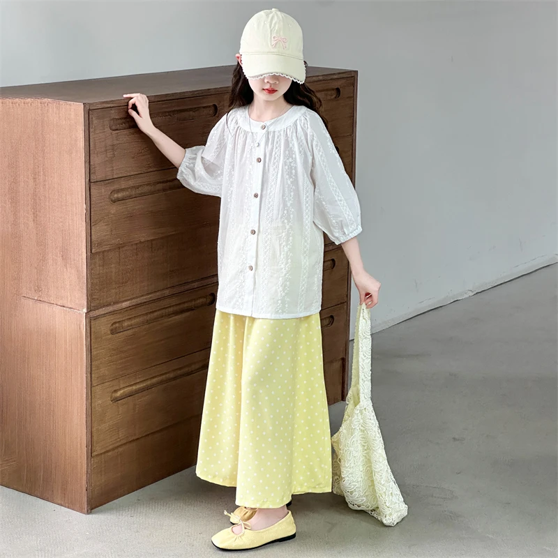 女童休闲洋气套装2025夏季新款中大童日常时尚上衣波点裙裤两件套