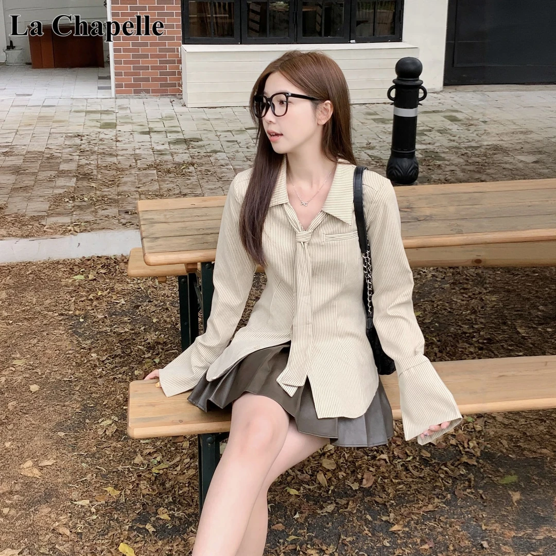 拉夏贝尔时尚气质大码显瘦女秋季美拉德小众条纹长袖收腰衬衫上衣