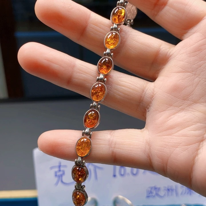 银S925镶嵌琥珀手链波兰设计款琥珀蜜蜡