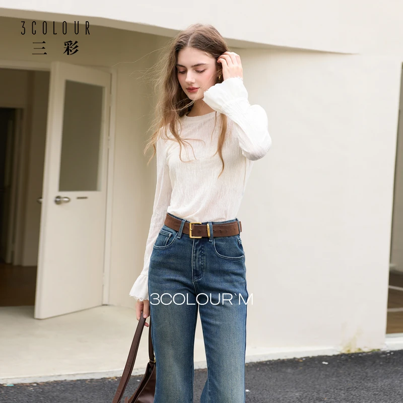 三彩2025冬季新款肌理感蕾丝衫提花圆领小衫喇叭袖修身M