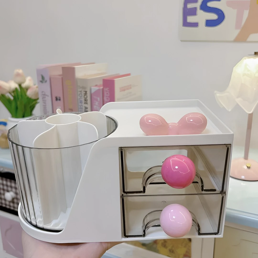 家用高颜值轻奢透明多巴胺彩球蝴蝶结桌面可旋转收纳笔筒收纳盒子