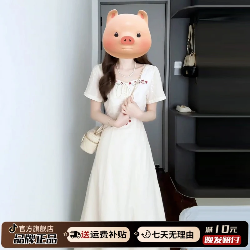 法式温柔风白色短袖连衣裙子女夏季2025新款小个子巨好看掐腰长裙