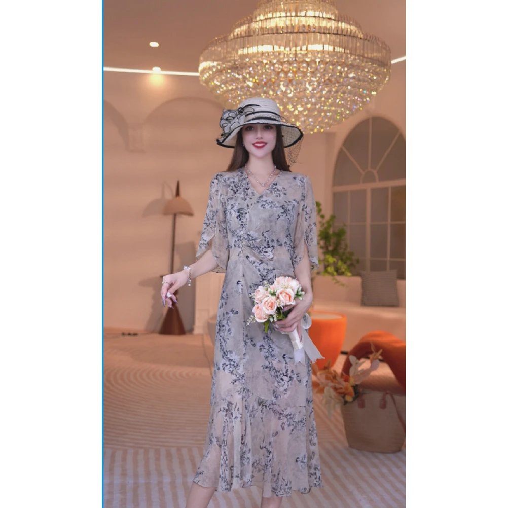 暖长裙夏季宴会气质法式优雅长款短袖连衣裙2555