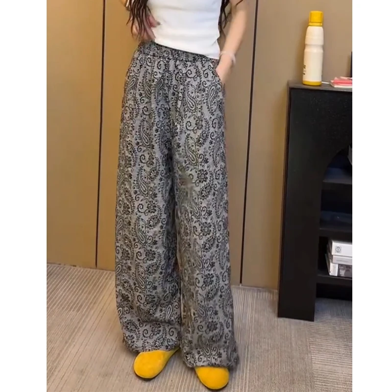 新款民族风休闲裤女设计感显瘦软糯透气直筒夏季抽绳高腰阔腿长裤