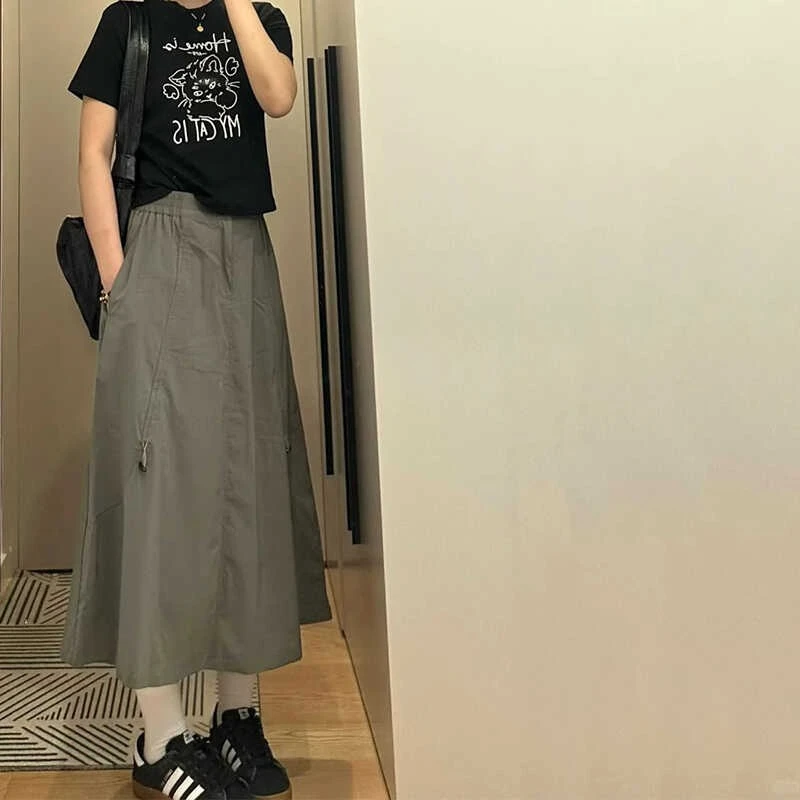 美式复古抽绳伞兵裙女夏季薄款高腰遮胯显瘦休闲A字工装半身裙子