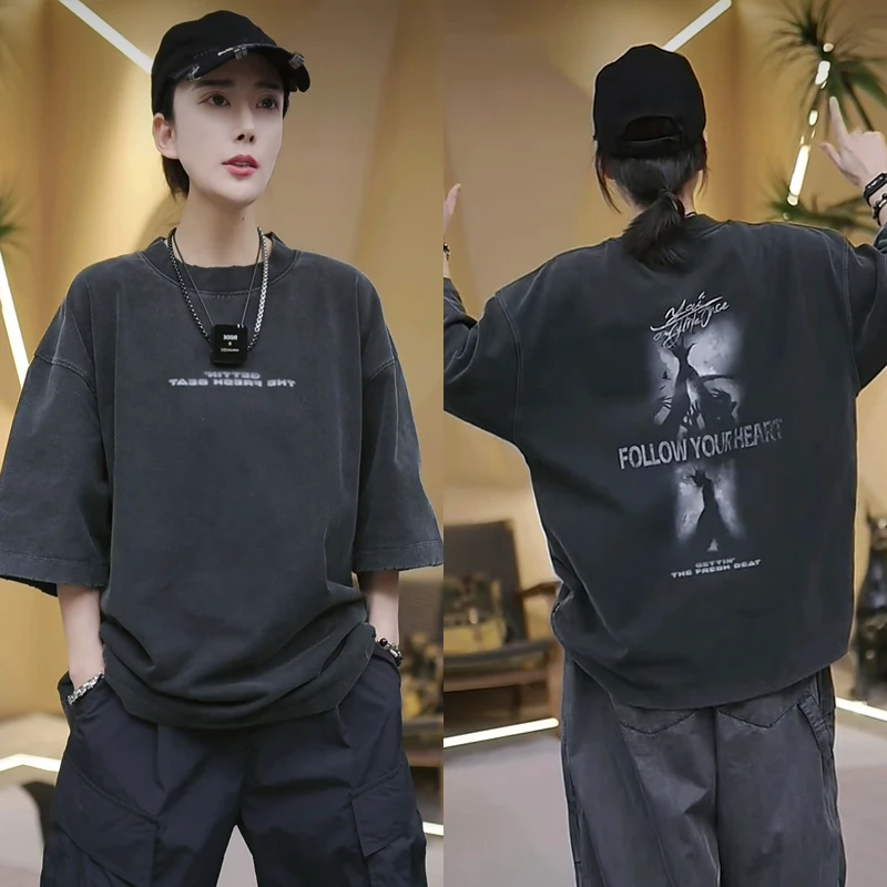 6677【320克重重工洗水+磨毛】高街宽松圆领短袖T恤 w180-162