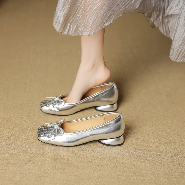 3cm 韩版气质百搭粗跟浅口单鞋春秋法式优雅简约风时尚蝴蝶结单鞋