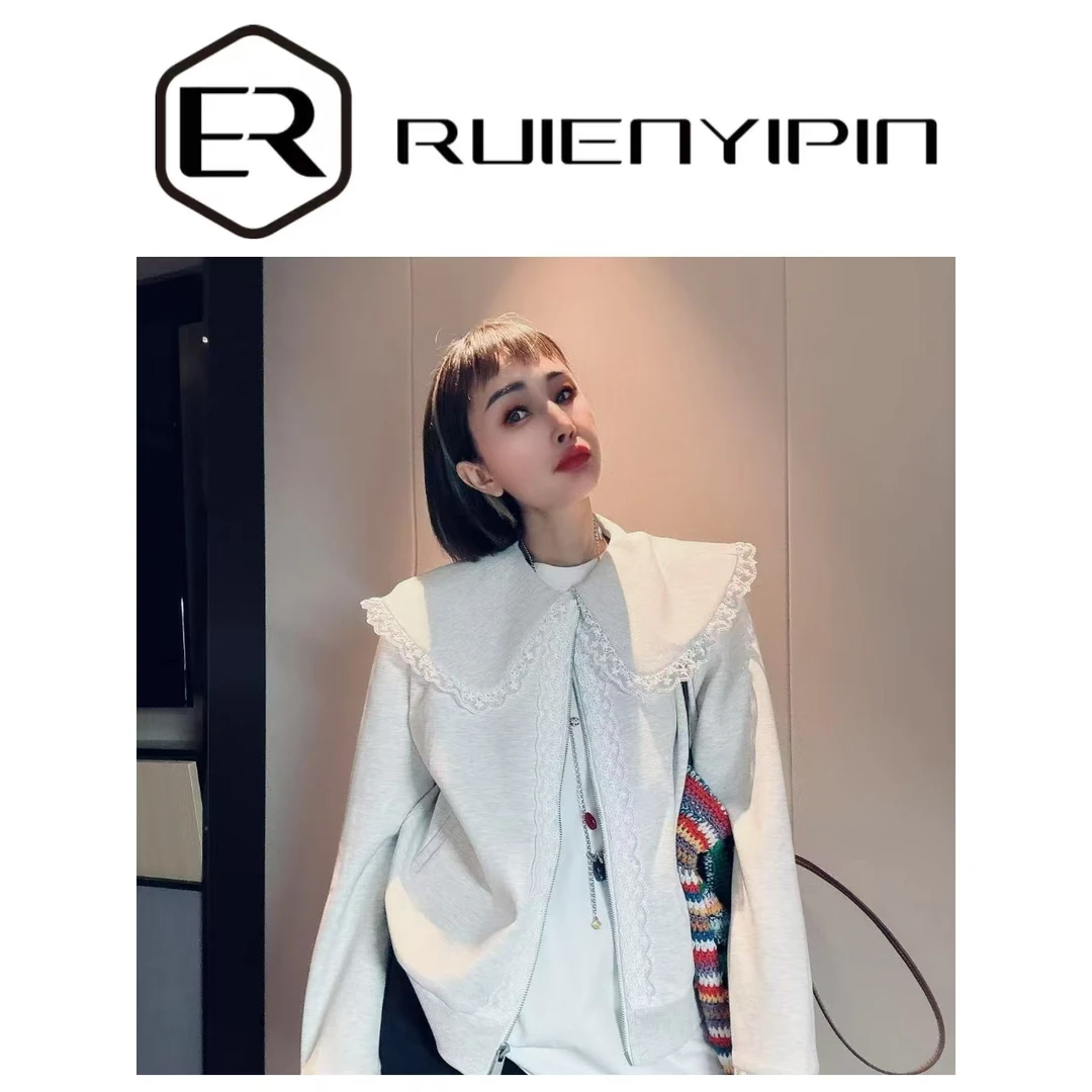 6897#海军领蕾丝边外套