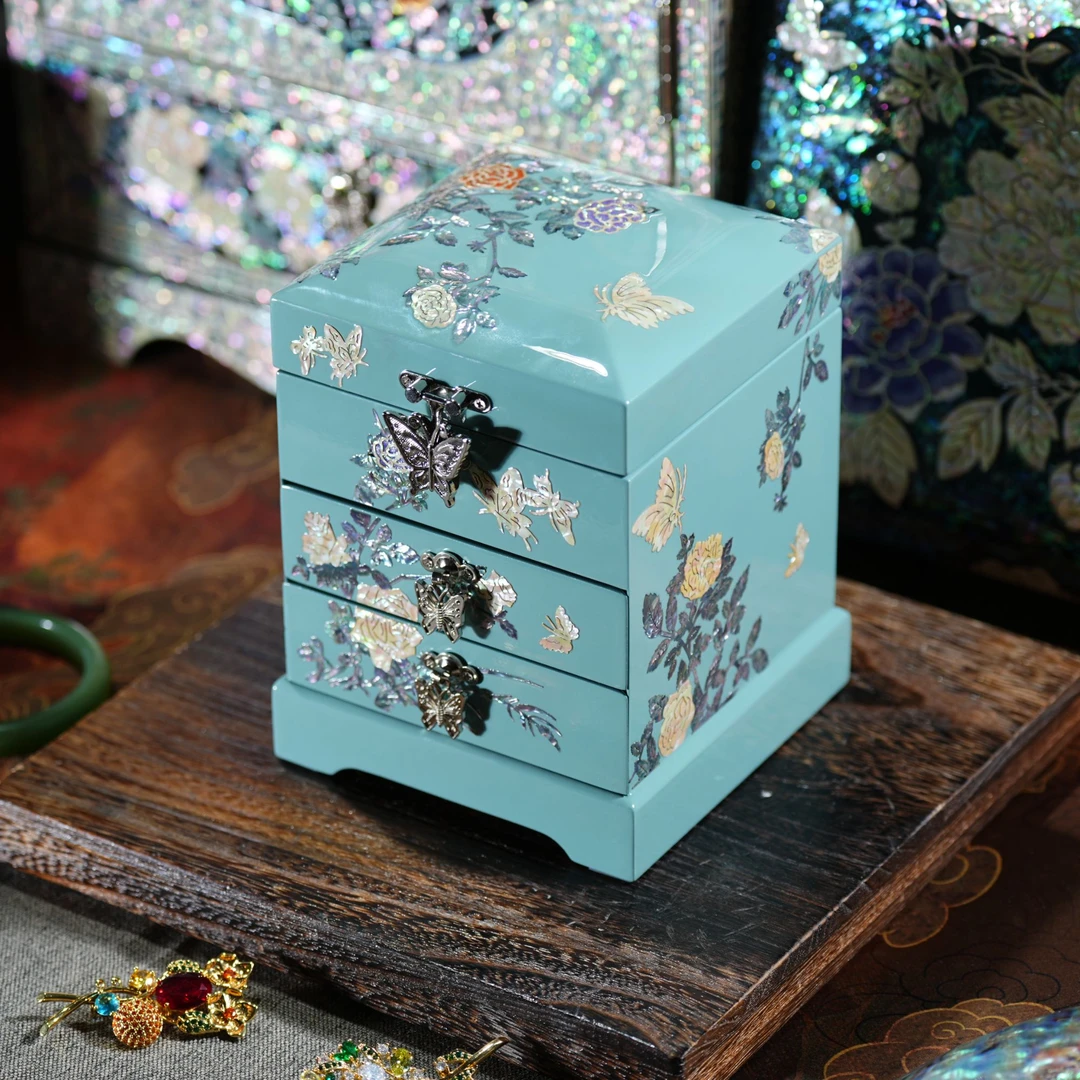 蓝玫瑰多层螺钿漆器首饰盒高档实木结婚礼物新人新婚陪嫁礼品收纳