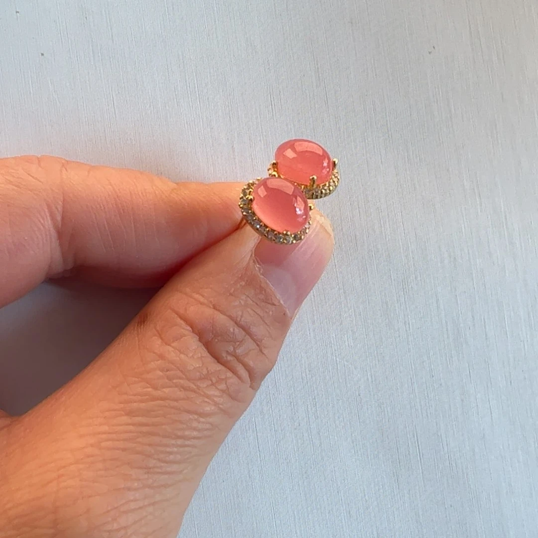 银S925镶嵌菱锰矿（红纹石）耳饰