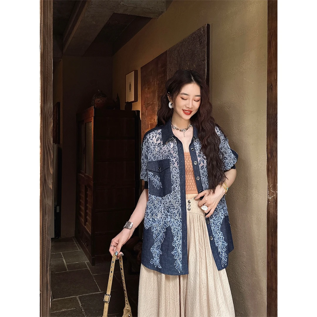 三吉黑花【乐游】手工窗花蕾丝拼银丝衬衫减龄洋气女装2025新款