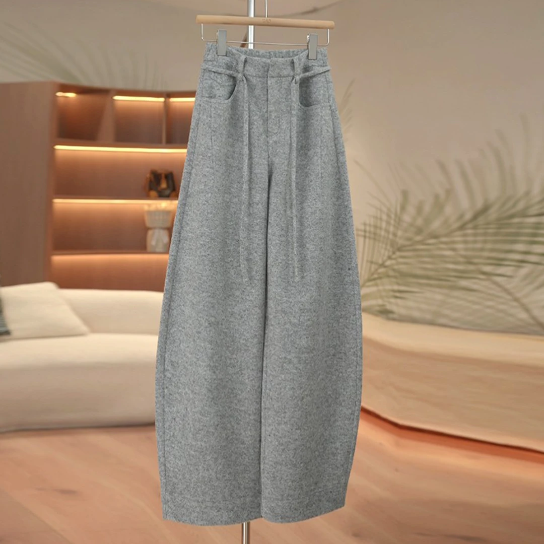 乌木棕羊毛阔腿弯刀裤女2025秋冬季大码新款加厚毛呢休闲香蕉裤子