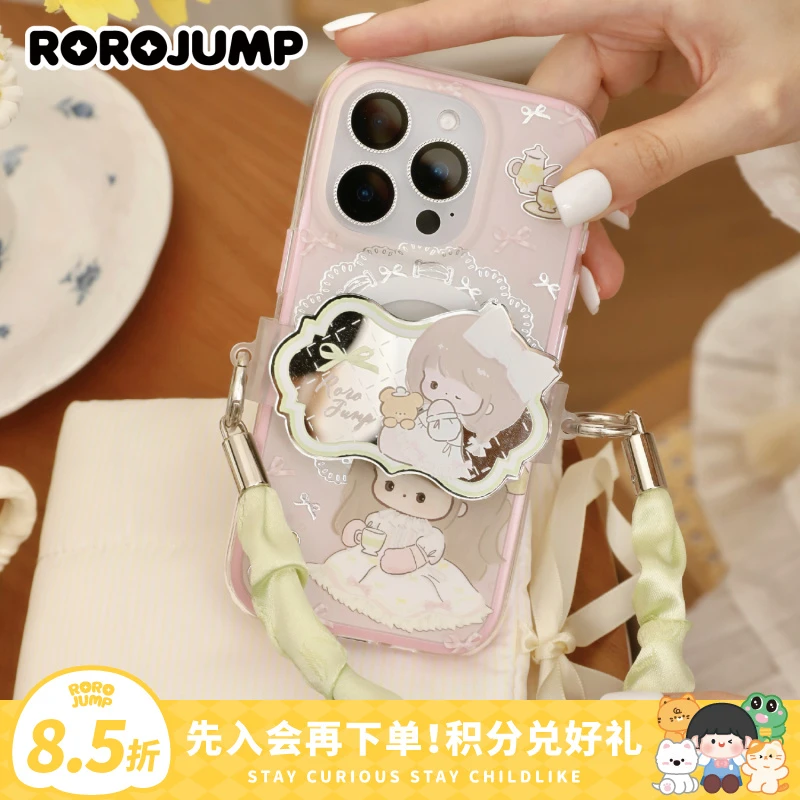 肉肉酱莫奈花园茶话会可爱ins风镜面法式苹果华为手机背夹挂链