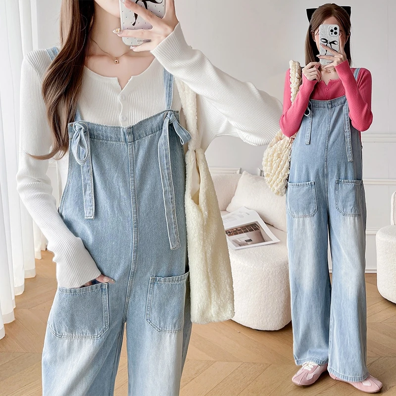 【喵喵严选】孕妇装新款时尚减龄宽松牛仔背带裤纯色打底衫孕妇套装