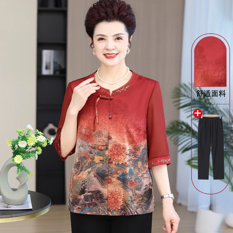 妈妈装春夏季半袖国风小衫中老年人女士复古印花上衣奶奶夏装衬衫