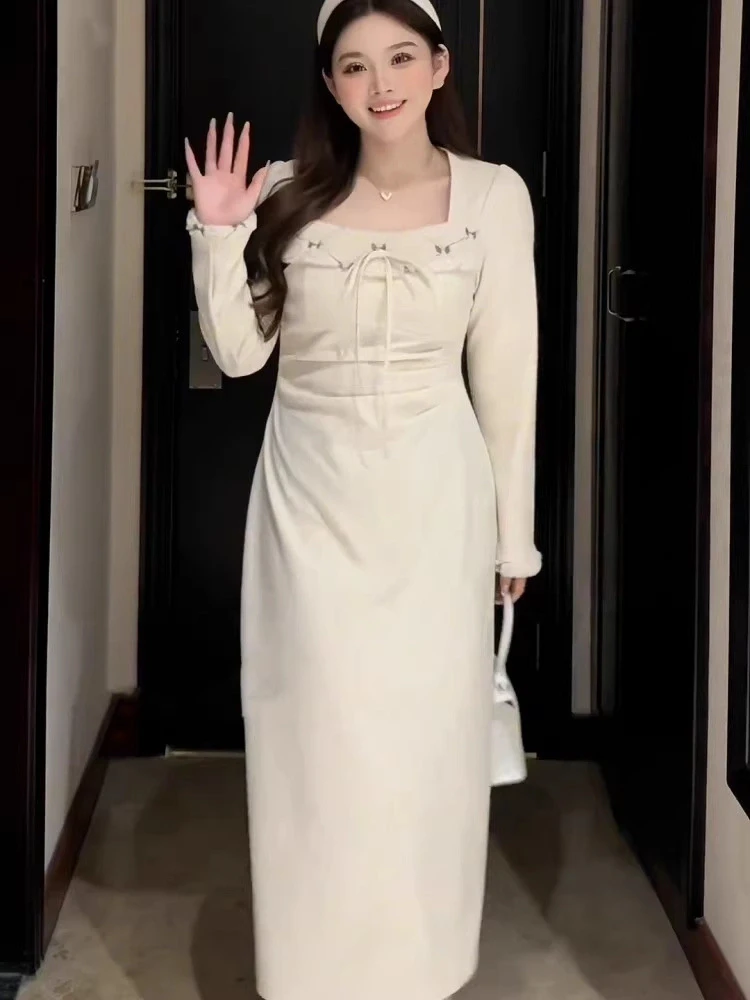 微胖mm加绒常规褶皱长连衣裙温柔法式秋冬