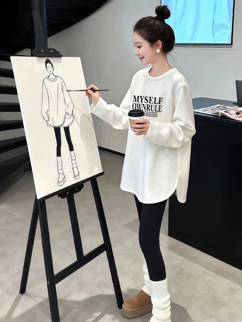 女款休闲T恤宽松内搭中长款正肩长袖打底衫白色春秋冬季圆领上衣