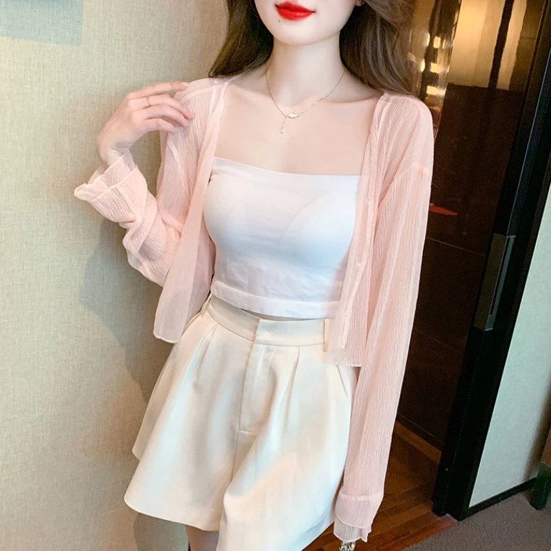 薄款开衫女配吊带裙的小外搭夏短款长袖坎肩上衣冰丝空调罩衫