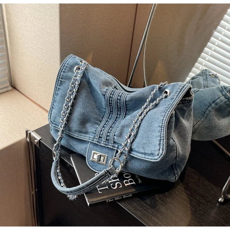 爆款大容量水洗休闲牛仔机场包ins蓝色斜挎百搭时尚夏季简约肩包