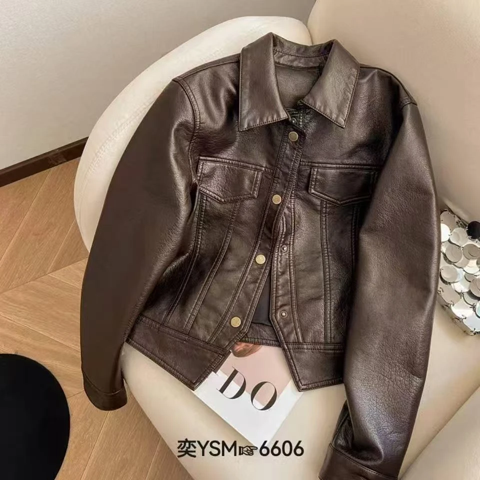 定制款荔枝纹超有型翻领皮衣女2025春季新款休闲皮衣外套女机车服