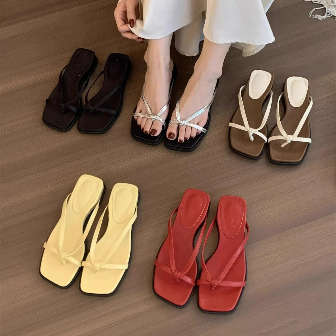 百搭夏季小众简约沙滩高跟平底方头网红厚底防滑露趾仙女风交叉