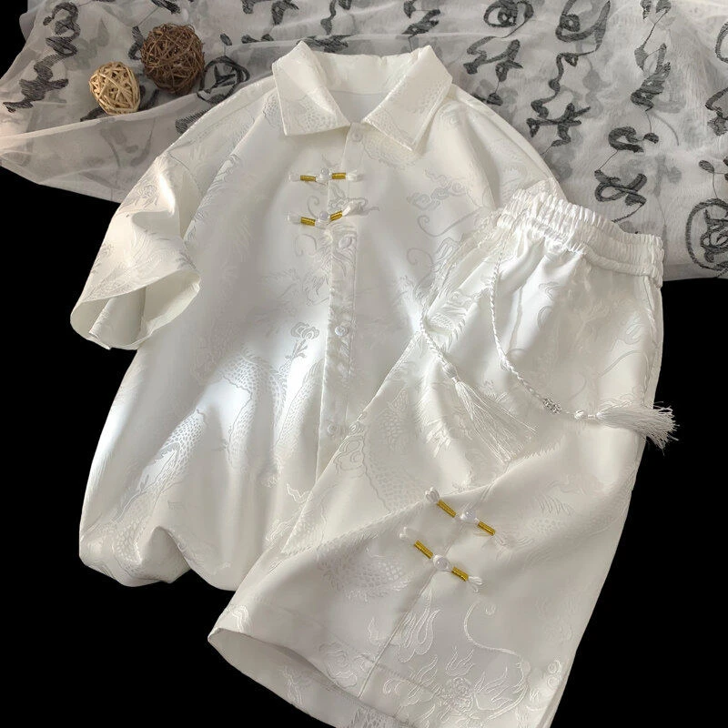 新中式冰丝套装男夏季薄款短袖衬衫大码国风龙纹提花唐装短裤一套