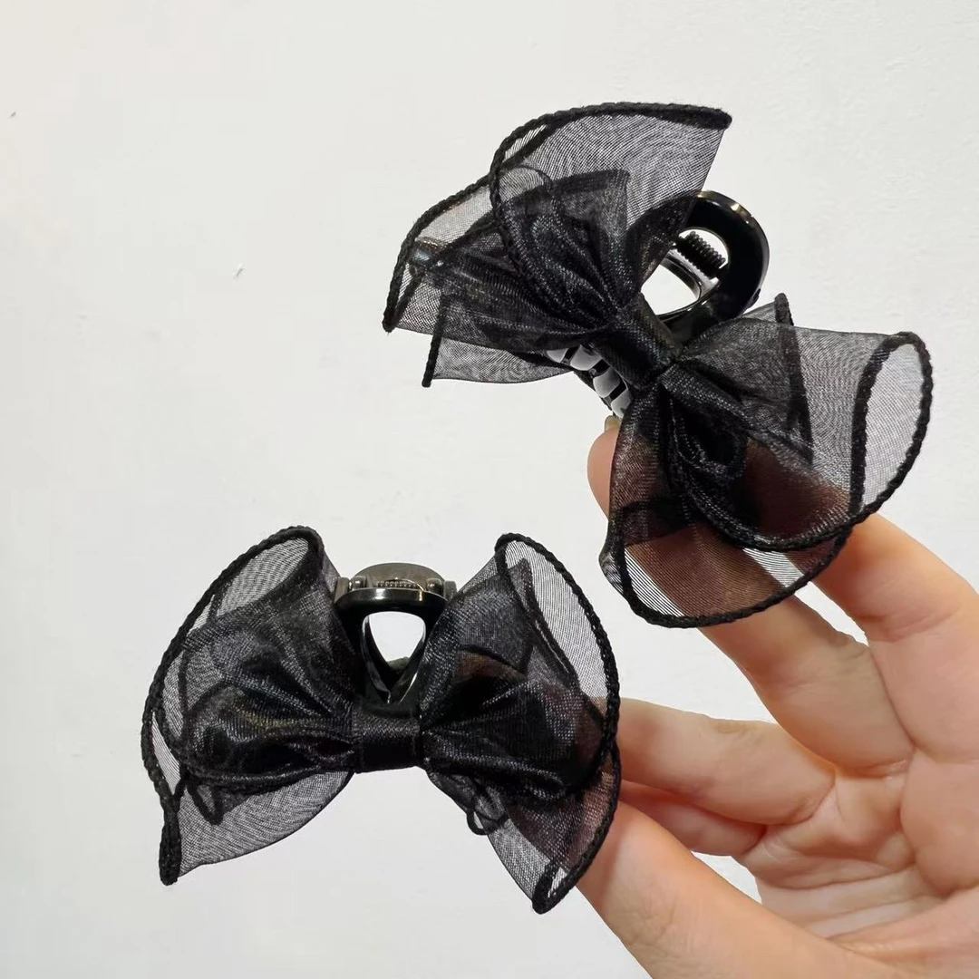 韩版新款高级感网纱蝴蝶结发夹鲨鱼刘海夹