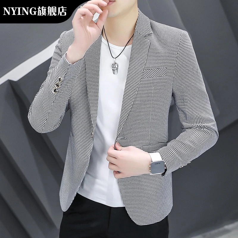 男士千鸟格西装秋冬季单西上衣韩版休闲便装西服时尚外套潮流修身