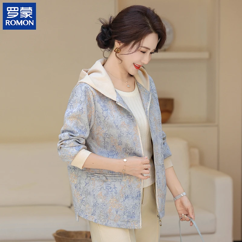 罗蒙品牌妈妈秋装连帽外套2025新款花色上衣中老年女装印花夹克衫