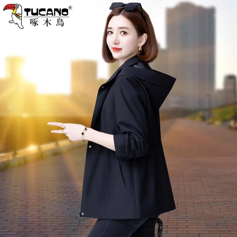啄木鸟薄款风衣外套女春秋2025新款妈妈洋气减龄宽松休闲黑色夹克