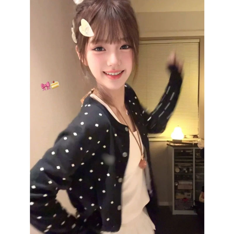 韩系独特超好看波点针织开衫温柔风减龄漂亮修身上衣女2025年秋季