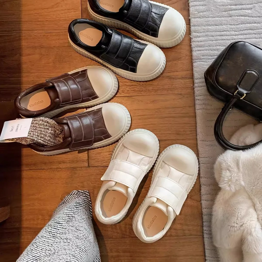 春夏季新款时尚水洗马皮圆头魔术贴百搭厚底低帮休闲饼干板鞋女鞋