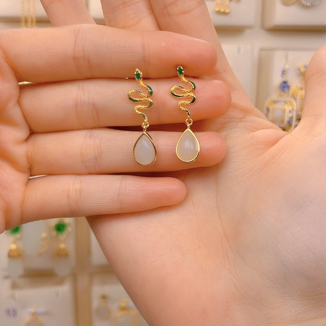 和田玉耳饰银S925镀金镶嵌