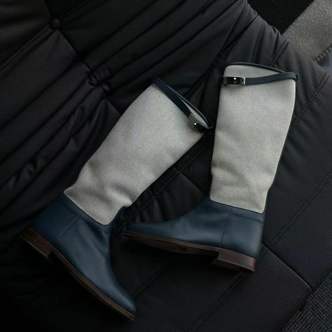 99新 Hermes/爱马仕  kelly扣长靴 帆布拼皮 37码 尘袋