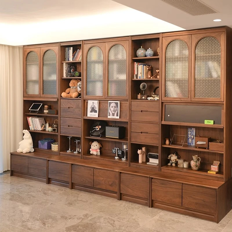 北美黑胡桃木自由组合实木书柜玻璃一体整墙展示柜卡座客厅储物柜