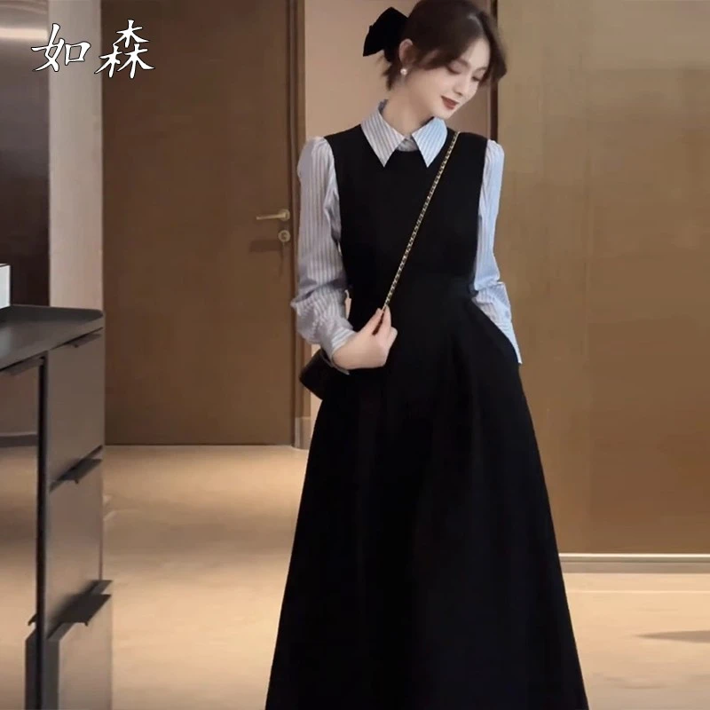 韩系氛围感穿搭2025新款早初秋季小个子黑色赫本风连衣裙子女长裙