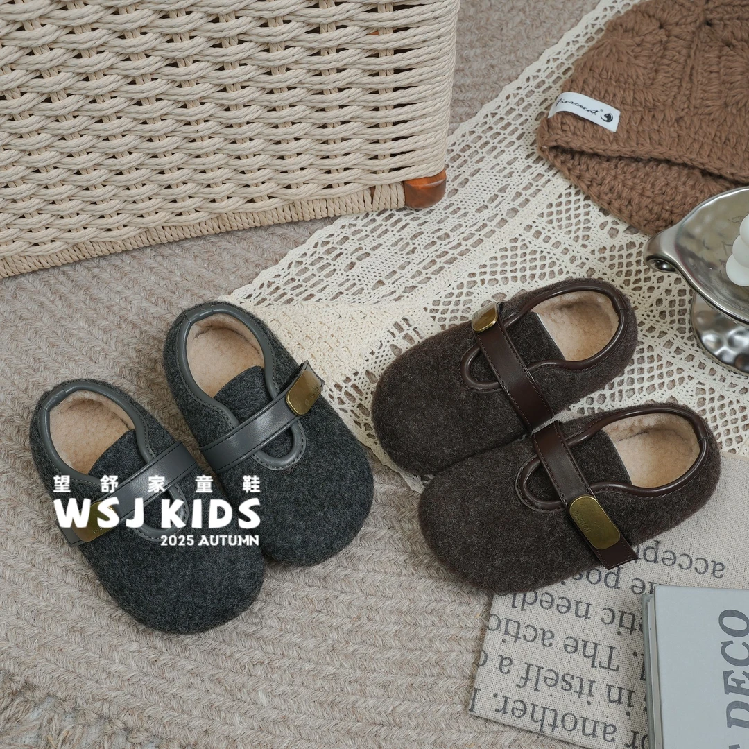 望舒家韩版女童毛呢勃肯鞋秋冬季洋气软底防滑豆豆鞋棉鞋83
