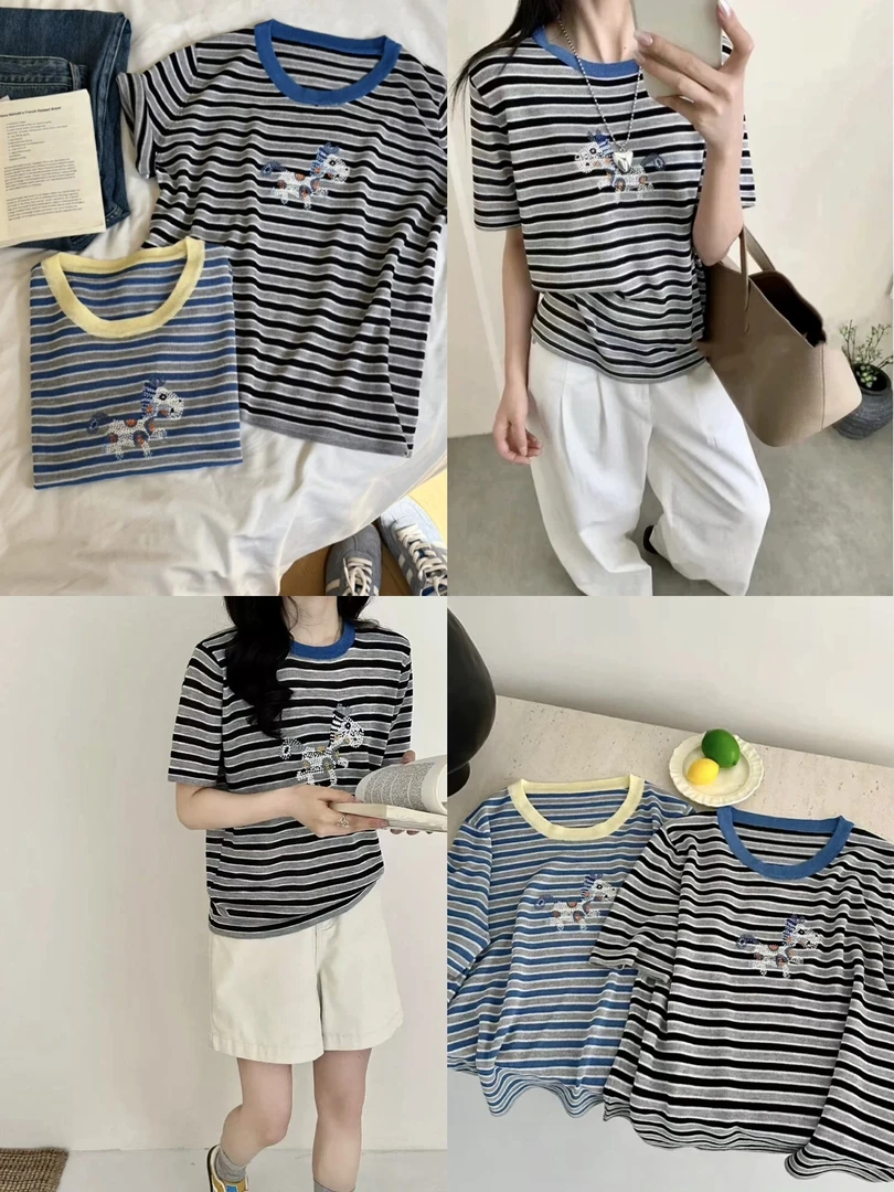 NO退NO换韩系刺绣小马条纹针织衫正肩T恤11023 衣长54