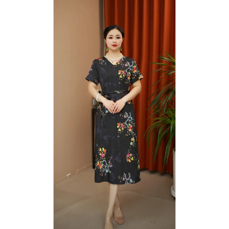 寒梅YJ3018妈妈装气质中长款连衣裙
