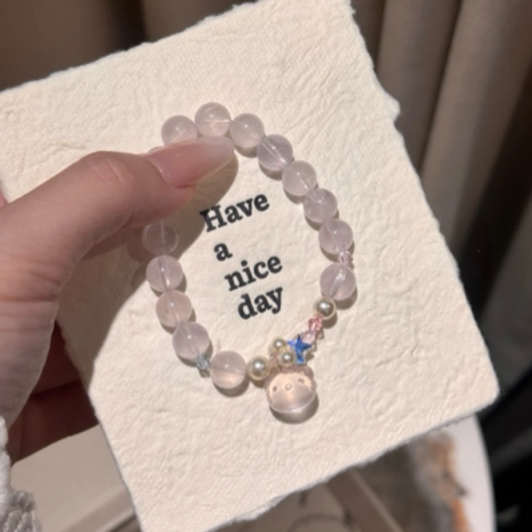 【闪耀的kitty】天然粉水晶施华洛星星可爱手链9mm