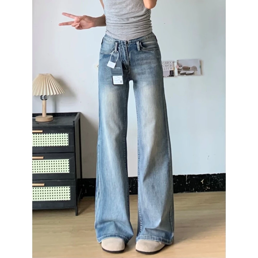美式设计感浅色微喇叭牛仔裤女2025秋季新款高腰显瘦宽松拖地裤子