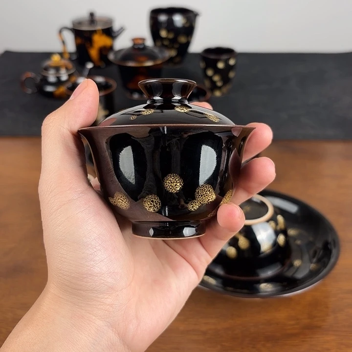 瓷点彩鹧鸪斑二才元宝盖碗