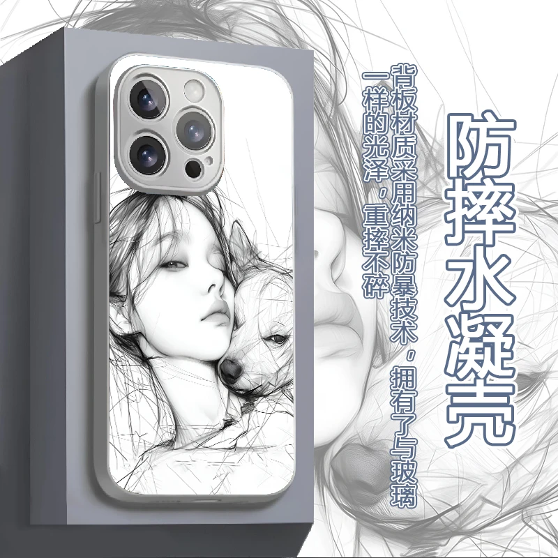 适用苹果华为vivo一加iPhone14小米三星线稿少女水凝手机壳