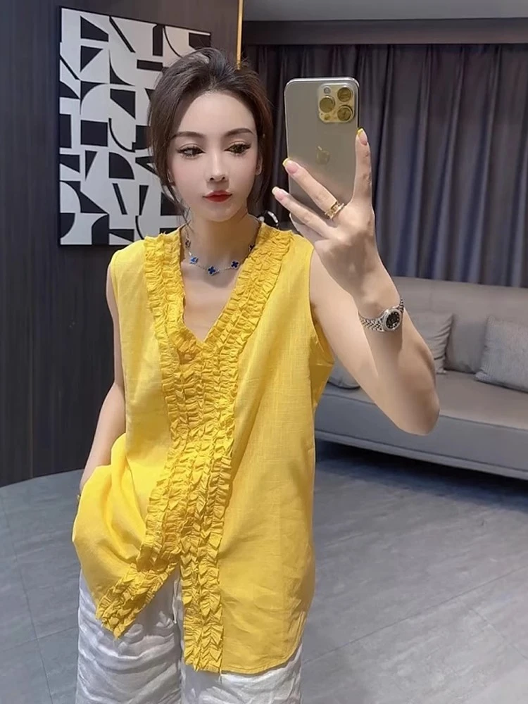 欧货夏季新款时尚设计感V领皱褶木耳边宽松无袖防晒棉麻衬衫背心