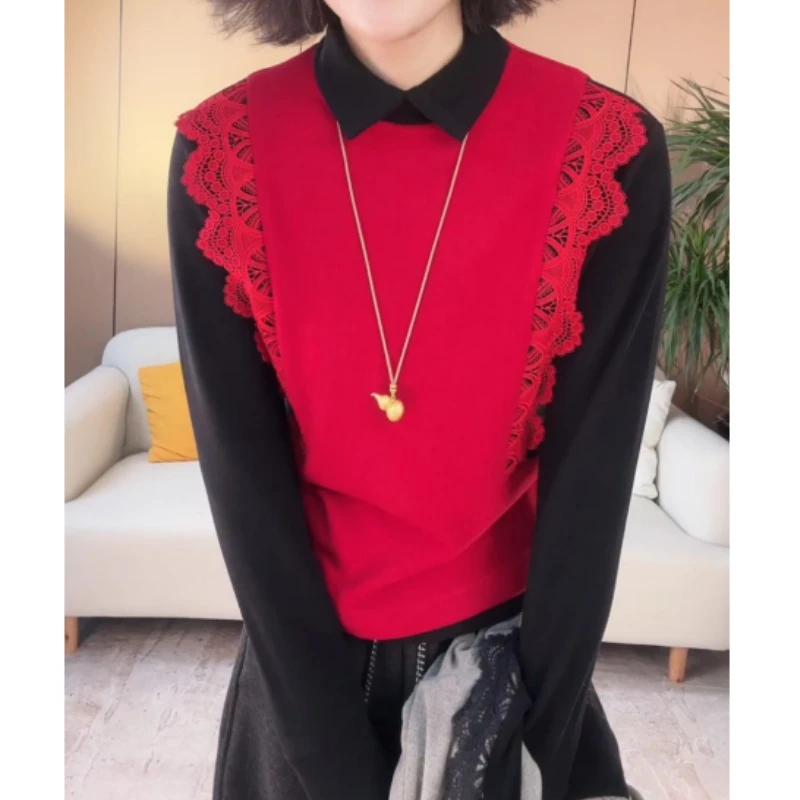 拼色花边衬衫领双面加绒衬衣保暖显瘦休闲女士上衣LK2508128