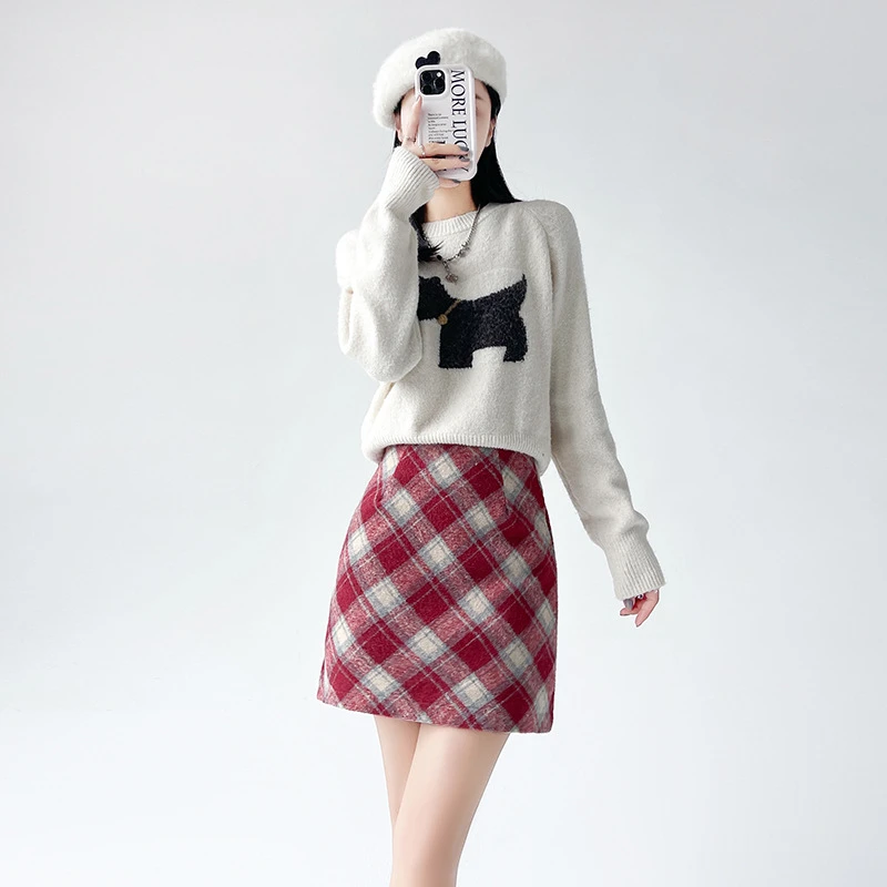 毛呢格子半身裙女2025春秋高腰显瘦a字包臀裙复古撞色格纹短裙子