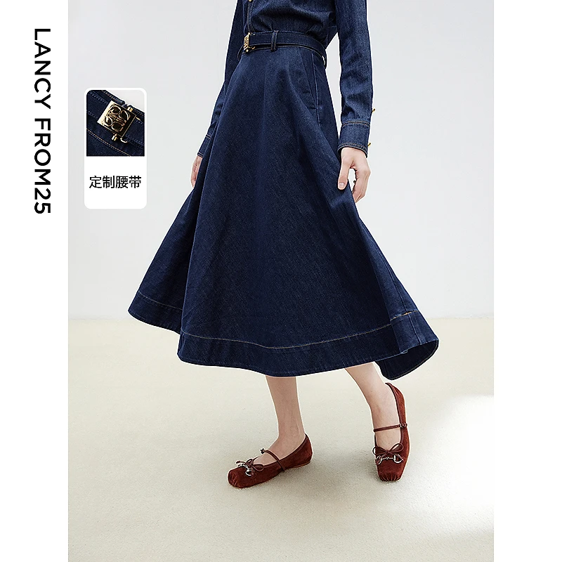 朗姿法式棉质蓝色牛仔复古半身裙高腰伞摆气质高端2025年春季新款