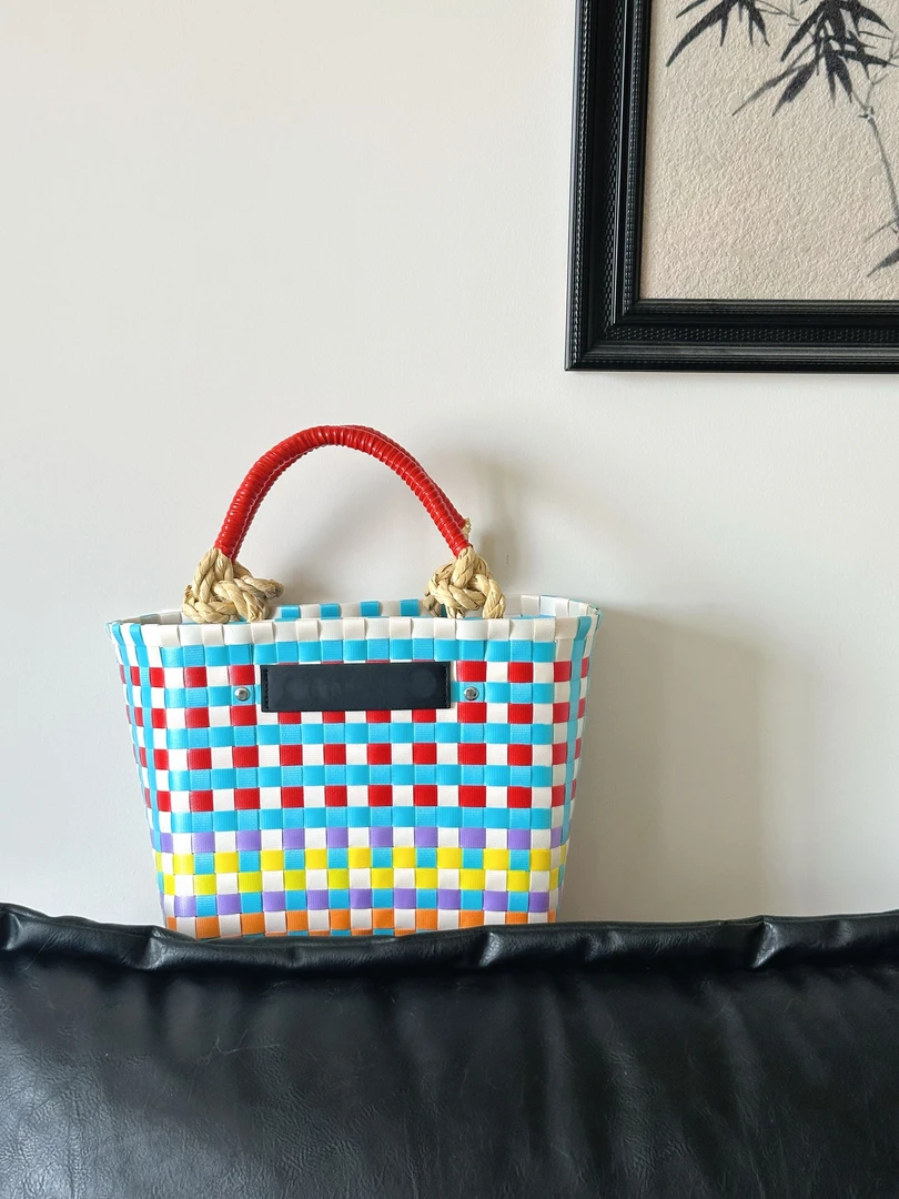 【趣多多】泰国手工新款编织菜篮彩色日常休闲手提包度假沙滩大容量