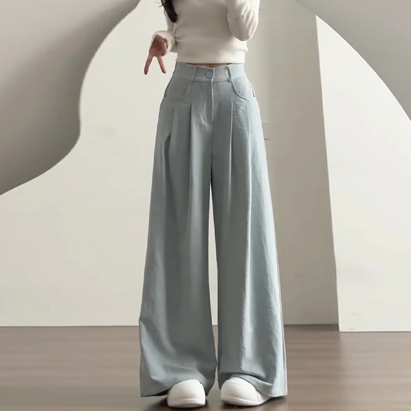 雾霾蓝奶芙西装阔腿裤女2025夏季新款高腰显瘦宽松冰丝拖地长裤夏